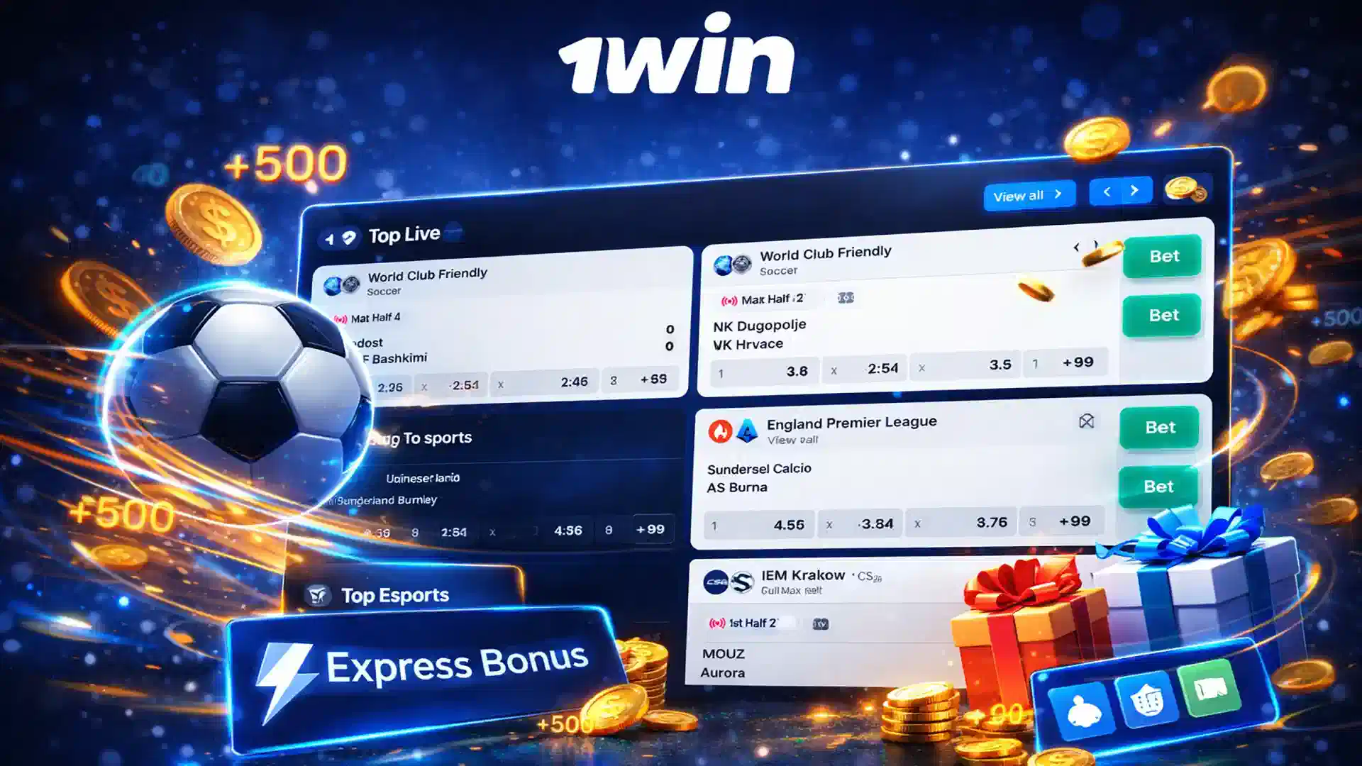 Live sports betting on 1win showing football matches, odds and instant bet placement in one dashboard.