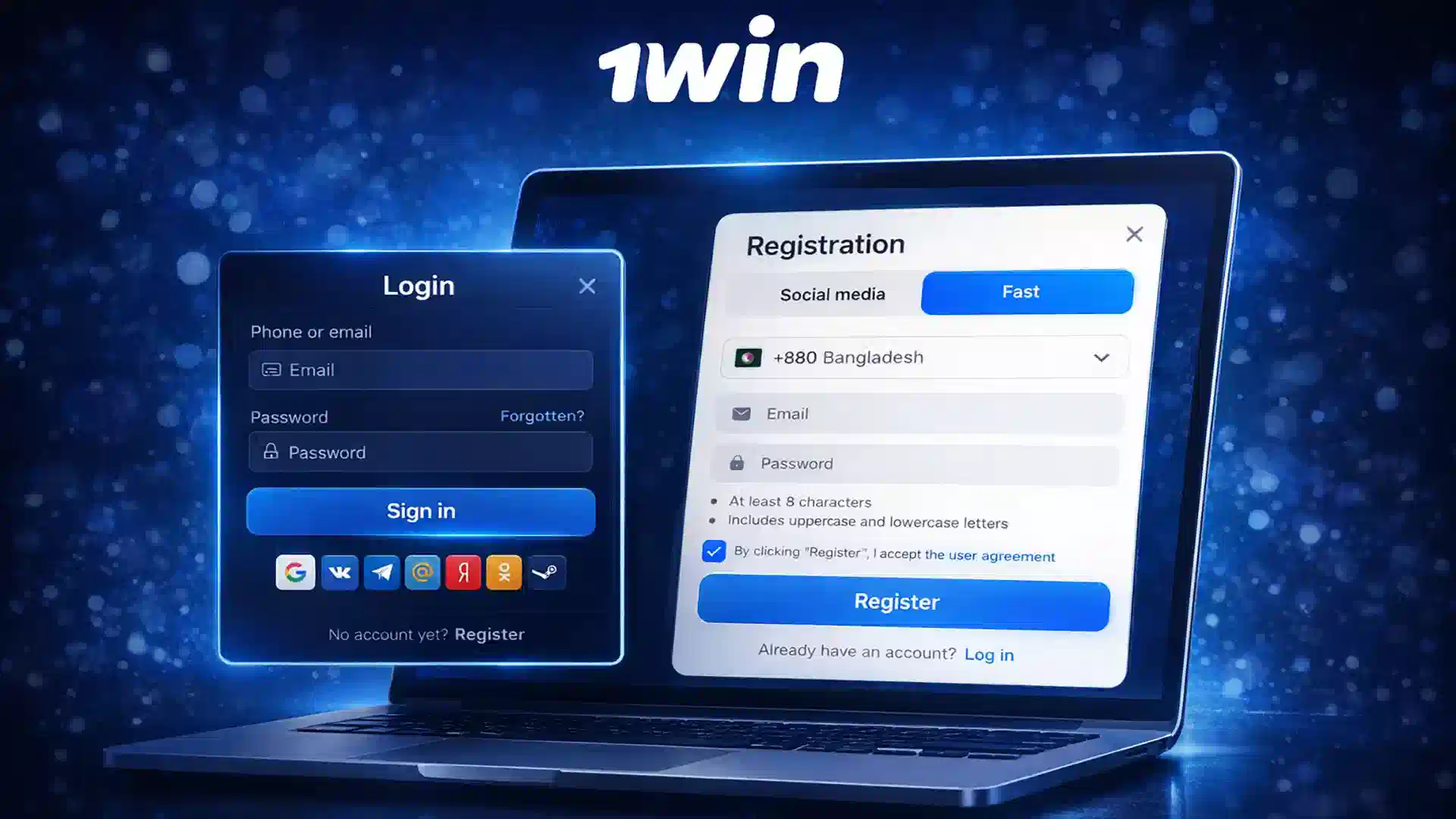 1win registration and login interface allowing fast account creation and secure sign-in on desktop.