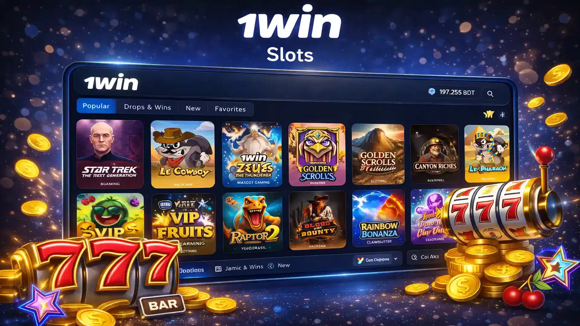 1win slots library with popular slot machines, jackpots and classic casino symbols in one collection.
