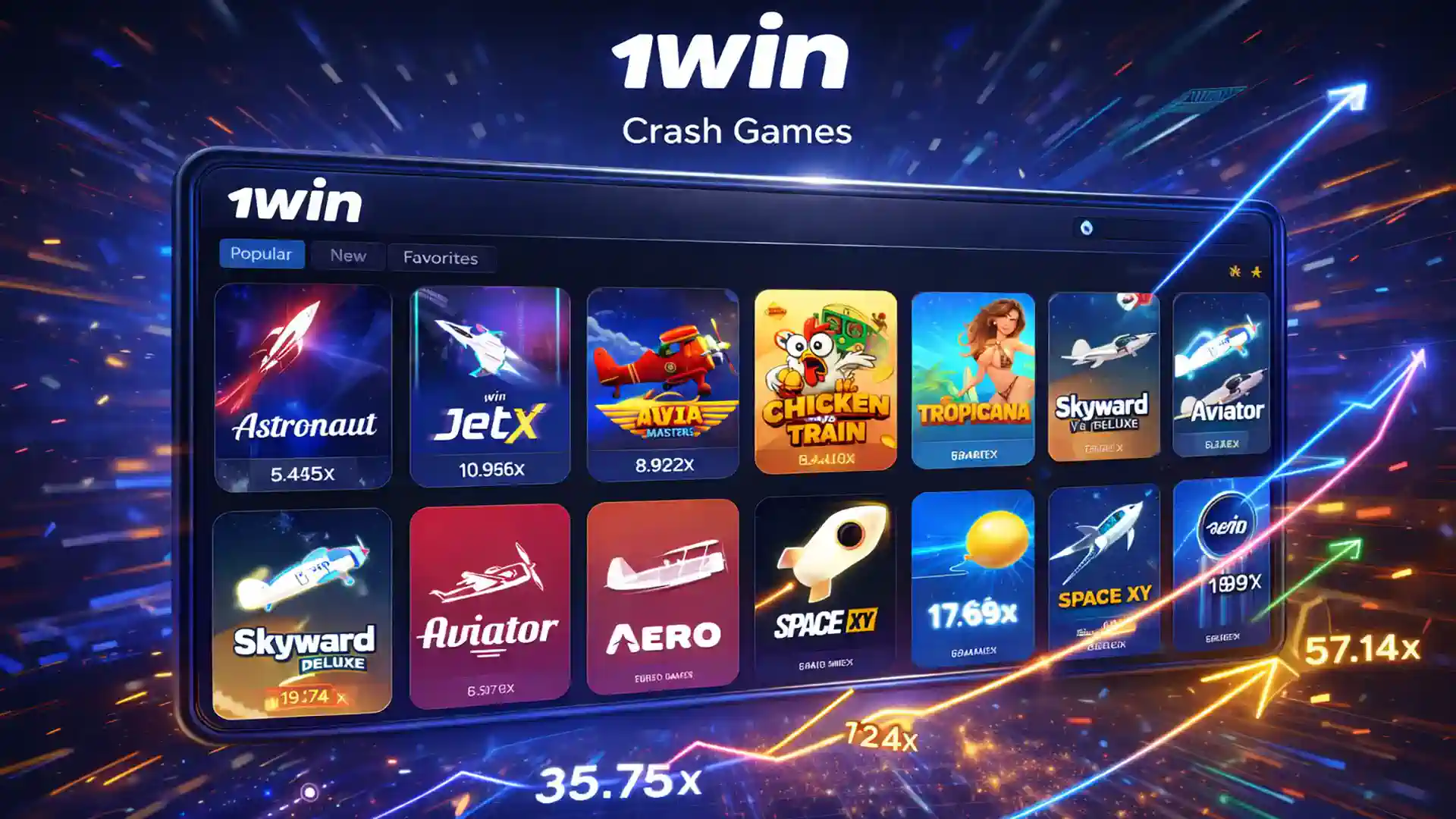 1win crash games section featuring fast multiplier games like Aviator and JetX with real-time growth charts