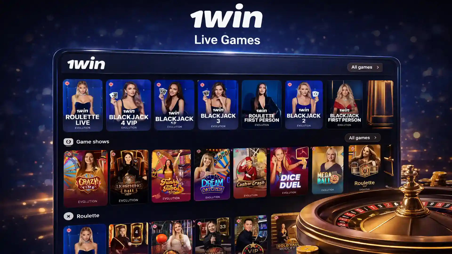 1win live casino games with real dealers, blackjack, roulette and interactive game shows in real time