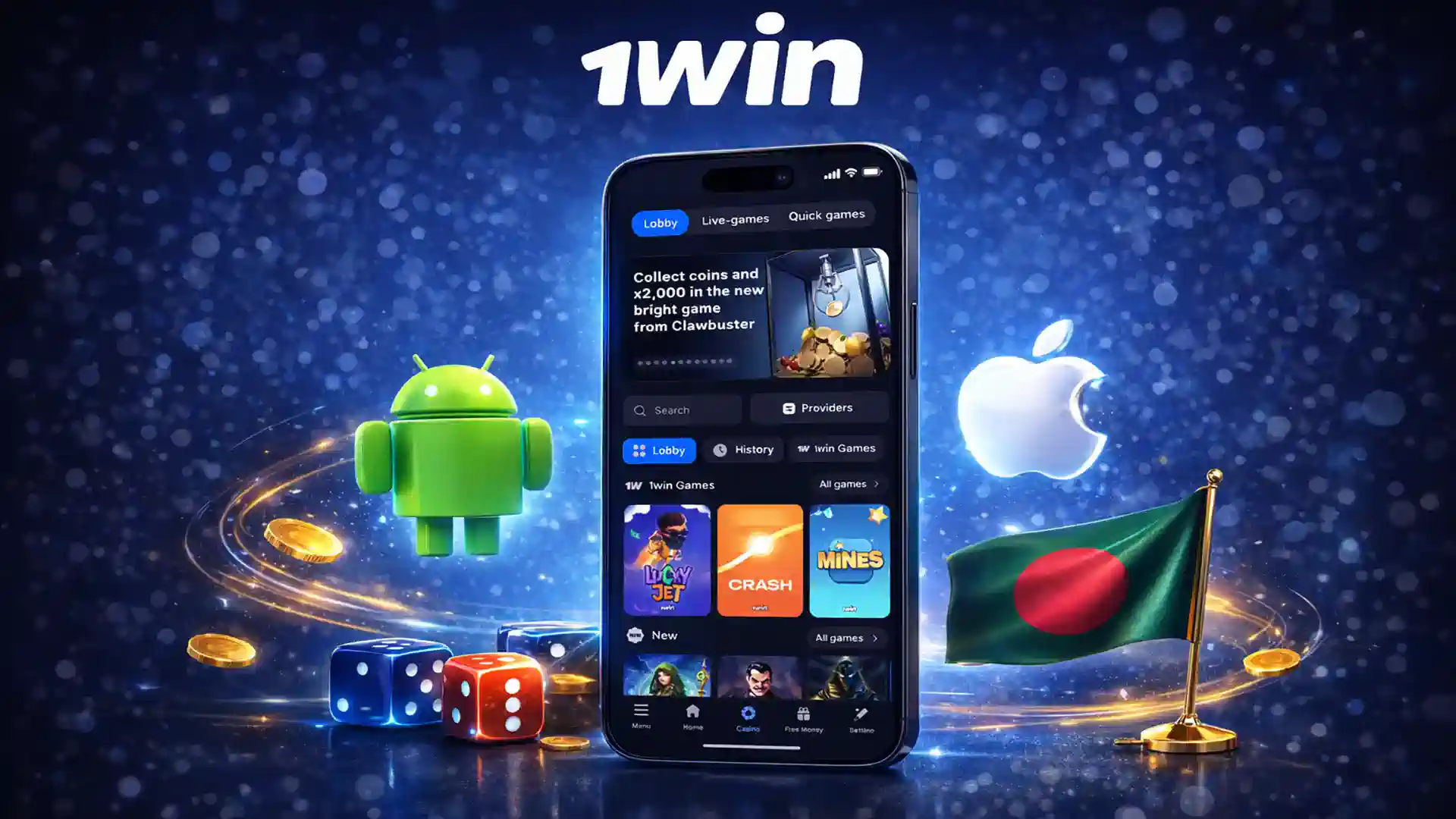 1win mobile app for Bangladesh offering casino games, crash games and betting access on Android and iOS