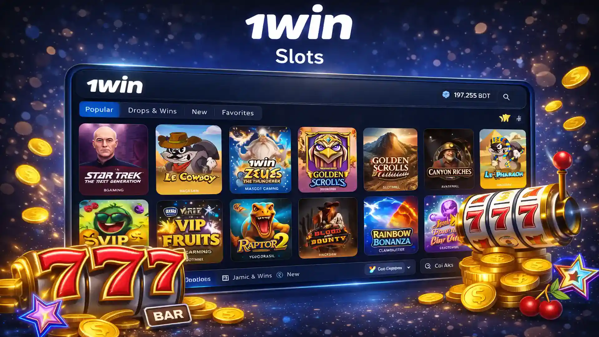 1win slots library with popular slot machines, jackpots and classic casino symbols in one collection