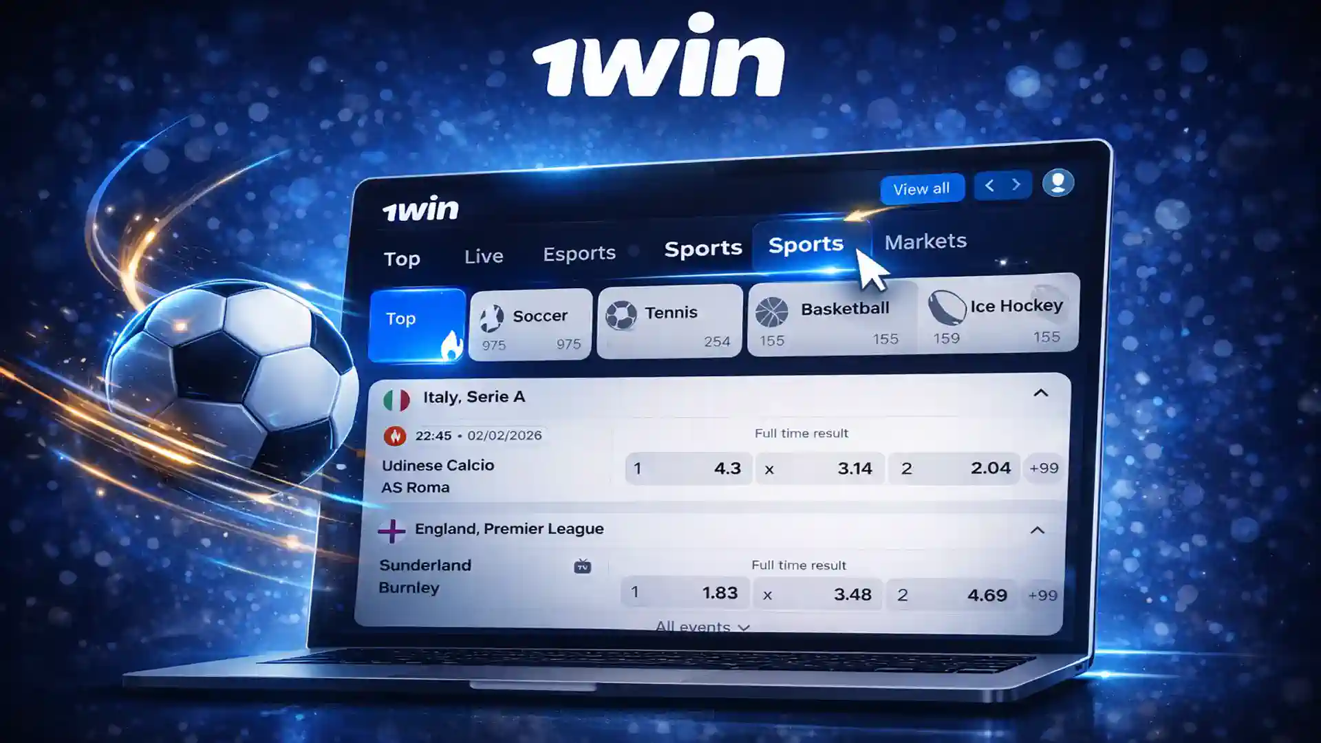 Sports betting on 1win platform with football leagues, live odds and multiple betting markets available